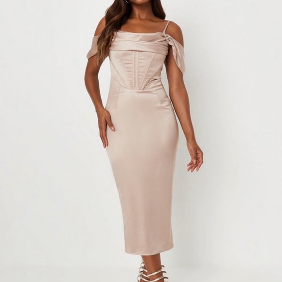 Champagne satin corset styled midi dress. - Picture 3 of 6